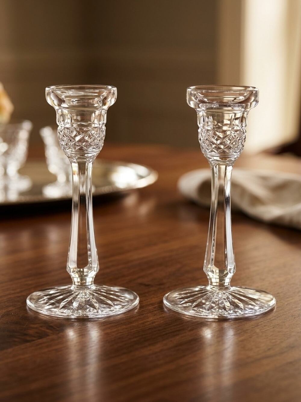 Waterford Lismore Candlestick Holders 6"Clear Starburst Cut Foot Faceted Stem
